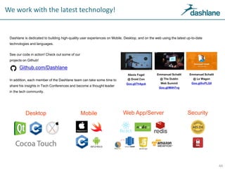 We work with the latest technology!
See our code in action! Check out some of our
projects on Github!
Github.com/Dashlane
In addition, each member of the Dashlane team can take some time to
share his insights in Tech Conferences and become a thought leader
in the tech community.
44
Alexis Fogel
@ Droid Con
Goo.gl/7h4guk
Emmanuel Schalit
@ The Dublin
Web Summit
Goo.gl/M4H7vg
Emmanuel Schalit
@ Le Wagon
Goo.gl/kvPLG0
Desktop Mobile Web App/Server Security
Dashlane is dedicated to building high-quality user experiences on Mobile, Desktop, and on the web using the latest up-to-date
technologies and languages.
 