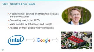 OKR – Objective & Key Results
• A framework of defining and tracking objectives
and their outcomes
• Created by Intel, in ...