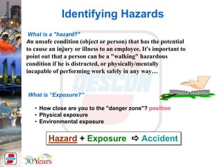 What is a "hazard?"
An unsafe condition (object or person) that has the potential
to cause an injury or illness to an employee. It's important to
point out that a person can be a "walking" hazardous
condition if he is distracted, or physically/mentally
incapable of performing work safely in any way…
What is “Exposure?”
• How close are you to the "danger zone"? position
• Physical exposure
• Environmental exposure
Identifying Hazards
Hazard + Exposure a Accident
 