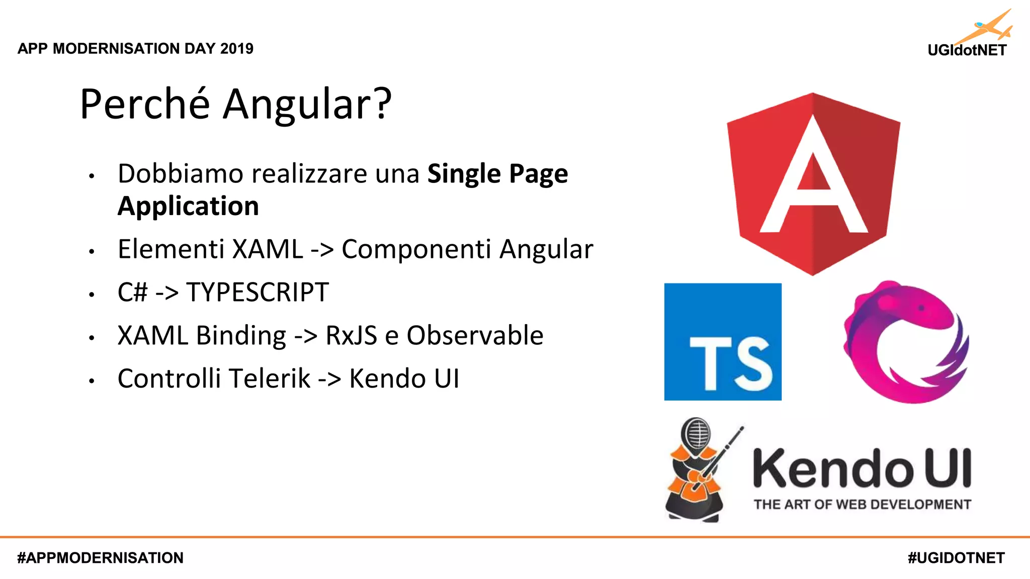 #UGIDOTNET
APP MODERNISATION DAY 2019
#APPMODERNISATION #UGIDOTNET
APP MODERNISATION DAY 2019
#APPMODERNISATION
Perché Angular?
• Dobbiamo realizzare una Single Page
Application
• Elementi XAML -> Componenti Angular
• C# -> TYPESCRIPT
• XAML Binding -> RxJS e Observable
• Controlli Telerik -> Kendo UI
 