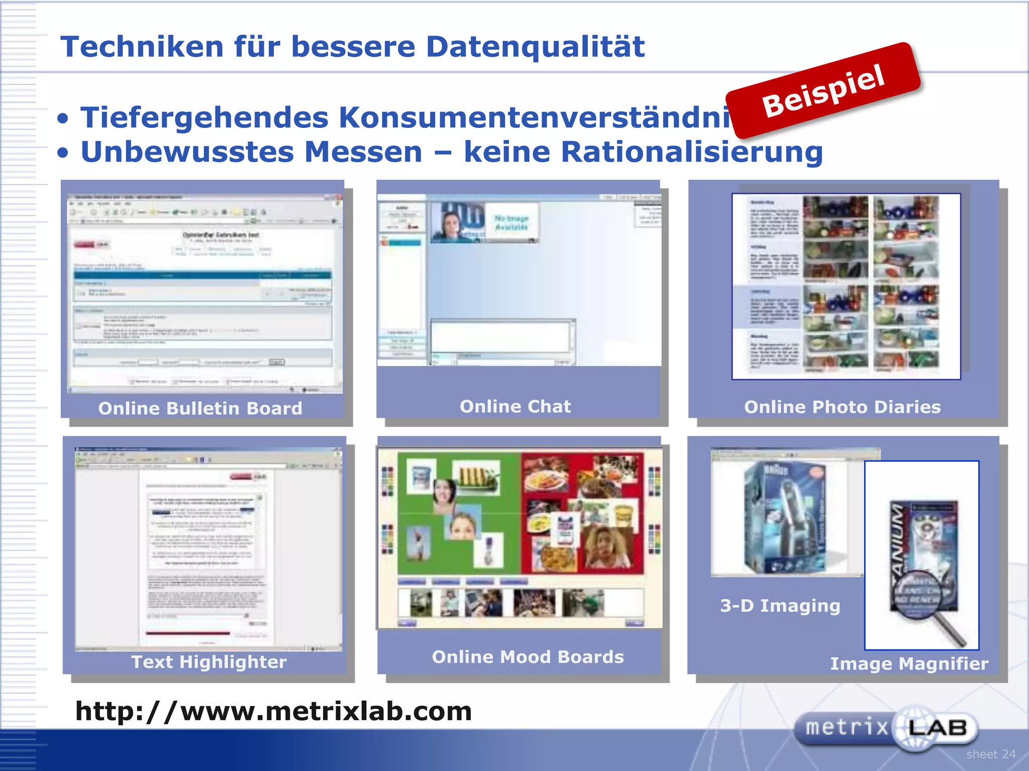Techniken für bessere Datenqualität

• Tiefergehendes Konsumentenverständnis
• Unbewusstes Messen – keine Rationalisierung




  Online Bulletin Board     Online Chat          Online Photo Diaries




                                               3-D Imaging


     Text Highlighter     Online Mood Boards             Image Magnifier

 http://www.metrixlab.com
                                                                        sheet 24
 