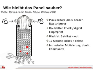 Wie bleibt das Panel sauber?
Quelle: Vortrag Martin Grupe, Toluna, Dmexco 2008


                                         Plausibilitäts Check bei der
                                          Registrierung
                                         Doubletten Check / digital
                                          Fingerprint
                                         Blacklist: 3 strikes = out
                                         12 Monate inaktiv = delete
                                         Intrinsische Motivierung durch
                                          Community
 