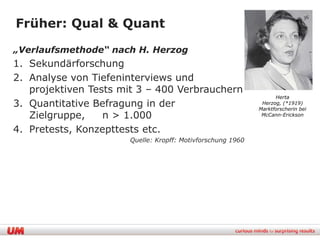 36
Früher: Qual & Quant

„Verlaufsmethode“ nach H. Herzog
1. Sekundärforschung
2. Analyse von Tiefeninterviews und
   projektiven Tests mit 3 – 400 Verbrauchern
                                                                  Herta
3. Quantitative Befragung in der                             Herzog, (*1919)
                                                            Marktforscherin bei
   Zielgruppe,    n > 1.000                                  McCann-Erickson


4. Pretests, Konzepttests etc.
                      Quelle: Kropff: Motivforschung 1960
 