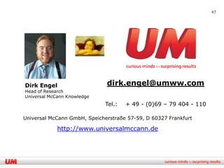 47




Dirk Engel                    dirk.engel@umww.com
Head of Research
Universal McCann Knowledge
                              Tel.:   + 49 - (0)69 – 79 404 - 110

Universal McCann GmbH, Speicherstraße 57-59, D 60327 Frankfurt

             http://www.universalmccann.de
 