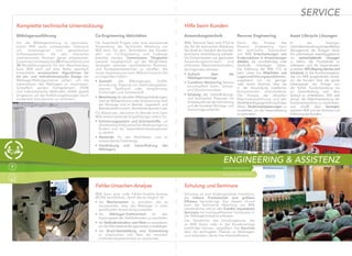 Komplette technische Unterstützung
Fehler-Ursachen-Analyse
RKB kann eine volle Fehler-Ursache-Analyse
(RCFA) durchführen, durch die es möglich ist:
• die Mechanismen zu ermitteln, die es
verursachten, dass das Wälzlager in einer
speziﬁschen Anwendung aussetzte
• die Wälzlager-Stahlreinheit für den
Eignungstest der Stahllieferanten zu beurteilen
• die Stahlmikrostruktur und Härte zu analysieren,
umdieWärmebehandlungsprozessezubestätigen
• die Bruch-Keimbildung und Entwicklung
zu untersuchen und dazu die neuesten
Lichtmikroskoptechniken zu verwenden
Wälzlagerausführung
Um die Wälzlagerleistung zu optimieren,
macht RKB einen umfassenden Gebrauch
von ﬁrmeneigenen und gewerblichen
Softwaresystemen, die den relevanten
internationalen Normen genau entsprechen.
Zusammenmitklassischen2D-Entwurfstoolsund
3D-Modellierungstools für den Maschinenbau
kann RKB auch auf eine Reihe speziﬁsch
entwickelter evolutionärer Algorithmen für
ein ein- und mehrdimensionales Design der
Wälzlager-Makrogeometrie zählen, um die
Lebensdauer des Wälzlagers zu maximieren.
Schließlich werden Fertigelement- (FEM)
und halbanalytische Methoden (SAM) gezielt
eingesetzt, um die Ausführungslösungen durch
modernste Simulationen zu verfeinern.
Co-Engineering Aktivitäten
Ob Greenﬁeld Projekt oder eine existierende
Anwendung, die Technische Abteilung von
RKB kann mit dem Technikbüro des Kunden
aktiv am Co-Engineering und Codesign
beteiligt werden. Gemeinsame Tätigkeiten
basieren hauptsächlich auf der Möglichkeit,
Synergien zwischen verschiedenen Kenntnis-
und Kompetenzbereichen zu schaffen. Bei
neuen Applikationen kann RKB technischen Rat
zu folgendem liefern:
• Auswahl des Wälzlagertyps, Größe,
Anordnung, Passung mit Verbindungsteilen,
interner Spielraum oder Vorspannung,
Dichtungen und Schmierstoff
• BerechnungderaktuellenWälzlagerbelastungen,
interner Restspielraum oder Vorspannung nach
der Montage und im Betrieb, Lagerstart- und
Betriebsdrehmoment, Betriebstemperatur usw.
Für Maschinen, die schon im Betrieb sind, kann
RKB wertschöpfende Empfehlungen liefern für:
• Schmierungssystem und Schmierstoffe, um
die elastohydrodynamischen Bedingungen zu
fördern und die Gesamtbetriebstemperatur
zu senken
• Abstände für das Nachfetten und zu
verwendende Fettmenge
• Handhabung und Instandhaltung des
Wälzlagers
SERVICE
ENGINEERING & ASSISTENZ
BEDARFSORIENTIERT
SPEZIALPROJEKTESPSPEZEZIAIALPLPROROJEJEKTKTEE
Schulung und Seminare
Schulung ist eine kostengünstige Investition,
die höhere Produktivität und größere
Efﬁzienz hervorbringt. Aus diesem Grund
kann die Technische Abteilung von RKB
verständliche und an den Kunden anpassbare
Seminare mit hochqualiﬁzierten Fachleuten in
der Wälzlagerindustrie anbieten.
Die Teilnehmer der Schulungskurse, die
an RKB Sitzen oder in der Kundenanlage
stattﬁnden können, vergrößern ihre Kenntnis
über die wichtigsten Themen zu Wälzlagern
und verbessern damit ihre Arbeitsefﬁzienz.
Hilfe beim Kunden
Anwendungstechnik
RKBs Technical Team Unit (TTU) ist
der Teil der technischen Abteilung,
der direkt am Standort des Kunden
technische Unterstützung anbietet.
Die Einheit besteht aus geschulten
Anwendungstechnikern und
erfahrenen Maschinentechnikern,
die folgendes anbieten:
• Aufsicht über die
Wälzlagermontage
• Condition Monitoring Service
einschließlich Sicht-, Schock-
und Vibrationsanalyse
• Schulung des Instandhaltungs-
und technischen Personals mit
SchwerpunktaufderSchmierung
und der korrekten Montage- und
Demontageverfahren
Reverse Engineering
Durch den Prozess des
Reverse Engineering kann
die technische Teameinheit
von RKB Entscheidungen von
Endprodukten in Anwendungen
ableiten, die unvollständige oder
überholte Unterlagen haben.
Die Erfahrung der RKB TTU ist
beim Lösen von Maschinen- und
Lagerausführungsproblemen,
ausgehend von nur geringer
oder keiner Kenntnis über die
in der Anwendung installierten
Komponenten, entscheidend.
Die Analyse der aktuellen
Maschinenausführung und den
Betriebsbedingungenkannauchdazu
führen, Strukturverbesserungen zu
empfehlen, um die Gesamtleistung
zu optimieren.
Asset Lifecycle Lösungen
In der heutigen
Geschäftsentwicklungistdaseffektive
Management der Anlagen durch
ihre Lebensdauer ausschlaggebend,
um wertschöpfende Lösungen
zu liefern, die Produktivität zu
verbessern und die Gesamtkosten
zusenken.BSS (Bearing Service and
Solutions) ist das Rundumangebot,
das von RKB ausgearbeitet wurde,
um die Kunden über die ganze
Lebensdauer der Anlage von
der frühen Kundenberatung bis
zur Instandhaltung nach dem
Verkauf zu unterstützen. BSS zielt
darauf, die Maschinenleistung der
Kundenanwendung zu maximieren,
und schafft dazu Synergien
zwischen RKB und der Kenntnis und
Erfahrung des Kunden.
 