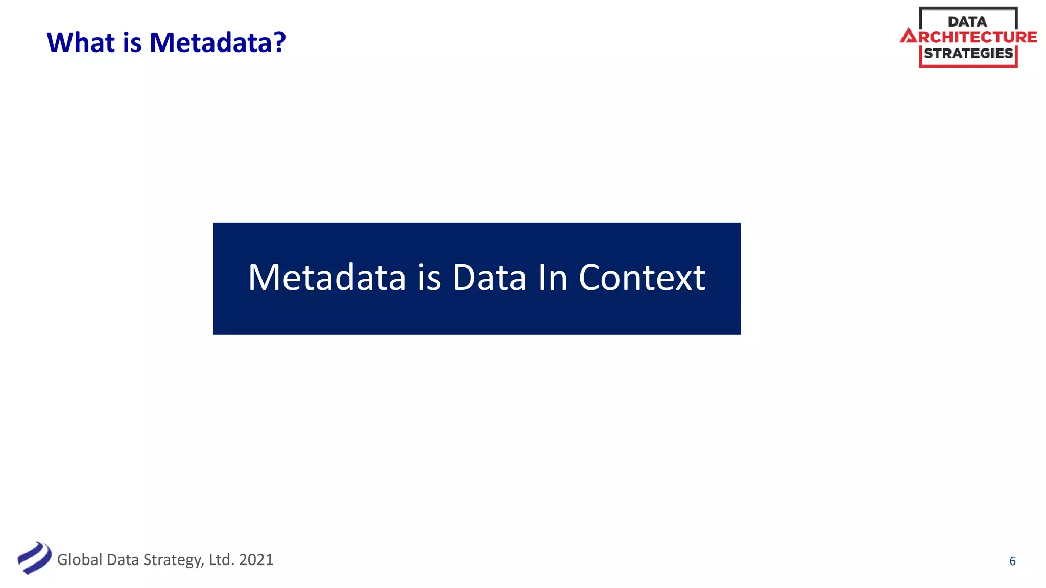 Global Data Strategy, Ltd. 2021
What is Metadata?
Metadata is Data In Context
6
 