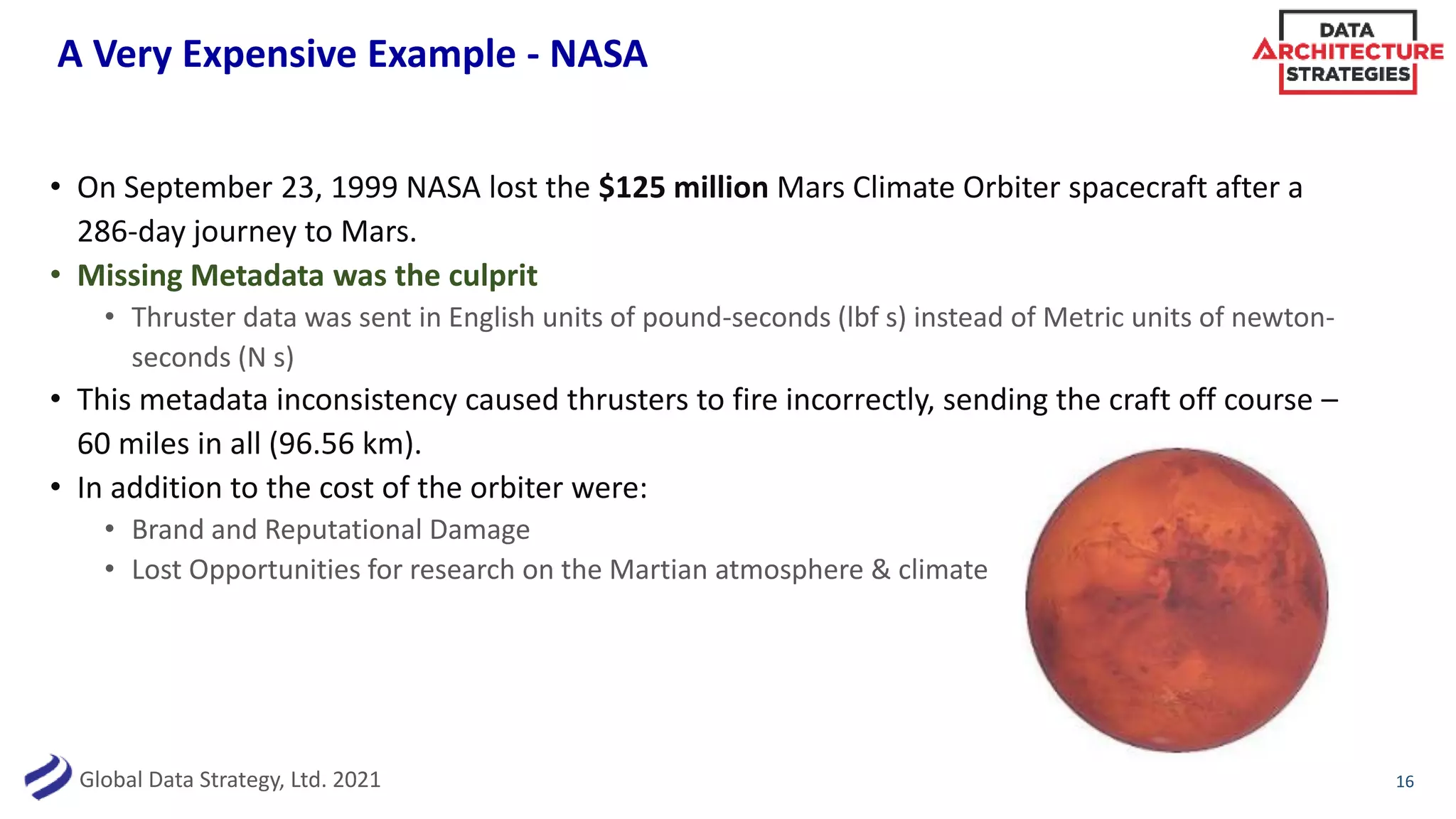 Global Data Strategy, Ltd. 2021
A Very Expensive Example - NASA
16
• On September 23, 1999 NASA lost the $125 million Mars Climate Orbiter spacecraft after a
286-day journey to Mars.
• Missing Metadata was the culprit
• Thruster data was sent in English units of pound-seconds (lbf s) instead of Metric units of newton-
seconds (N s)
• This metadata inconsistency caused thrusters to fire incorrectly, sending the craft off course –
60 miles in all (96.56 km).
• In addition to the cost of the orbiter were:
• Brand and Reputational Damage
• Lost Opportunities for research on the Martian atmosphere & climate
 
