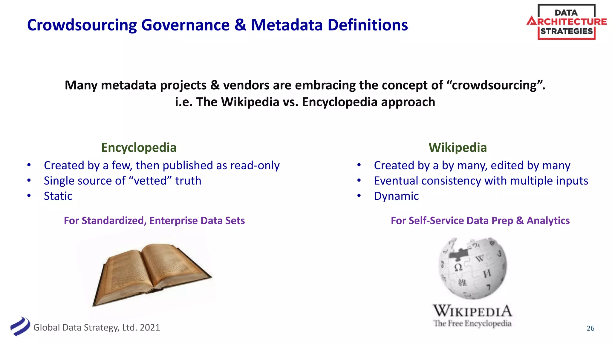 Global Data Strategy, Ltd. 2021
Crowdsourcing Governance & Metadata Definitions
Many metadata projects & vendors are embracing the concept of “crowdsourcing”.
i.e. The Wikipedia vs. Encyclopedia approach
26
Encyclopedia Wikipedia
• Created by a few, then published as read-only
• Single source of “vetted” truth
• Static
• Created by a by many, edited by many
• Eventual consistency with multiple inputs
• Dynamic
For Standardized, Enterprise Data Sets For Self-Service Data Prep & Analytics
 