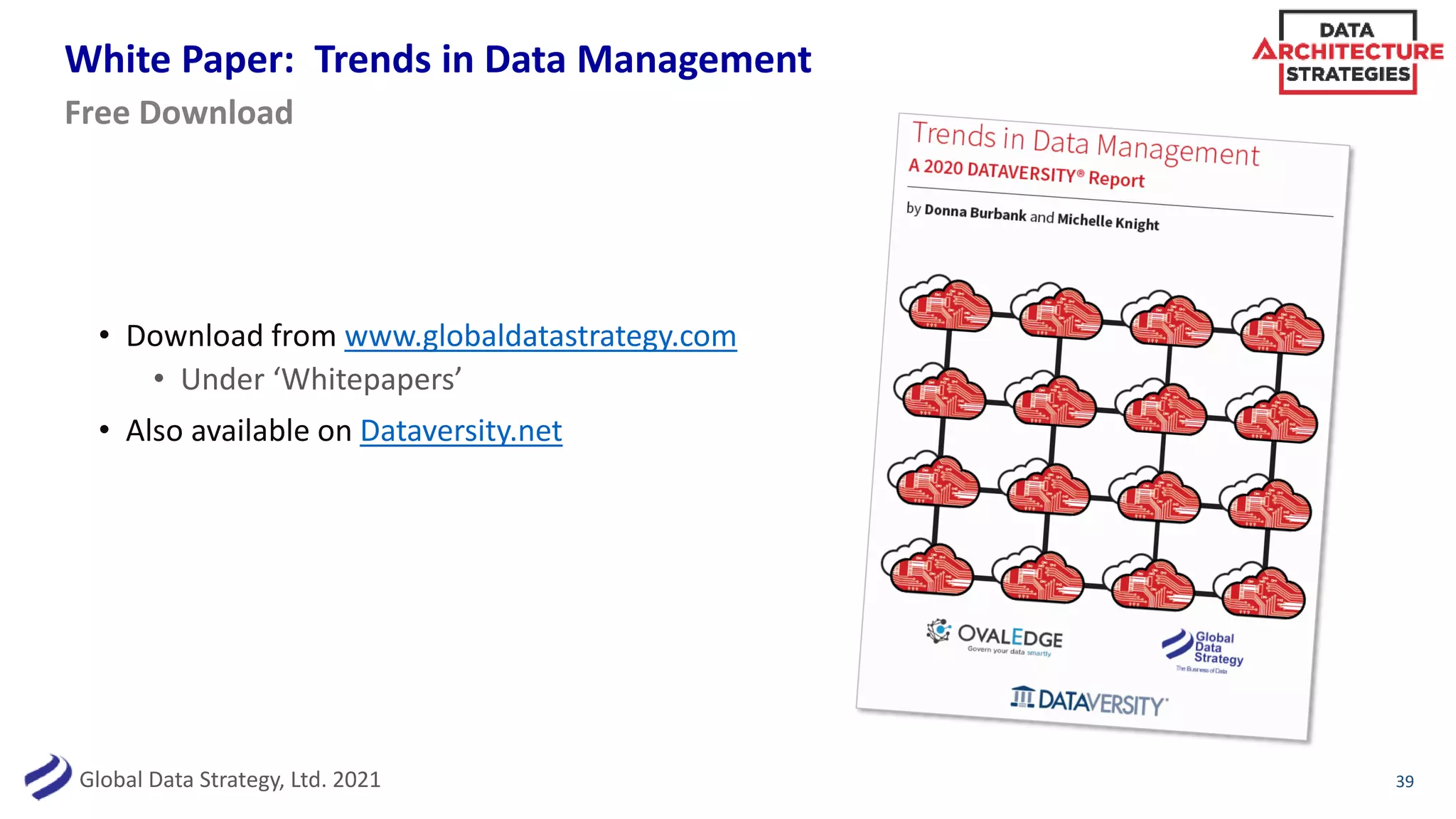 Global Data Strategy, Ltd. 2021
White Paper: Trends in Data Management
• Download from www.globaldatastrategy.com
• Under ‘Whitepapers’
• Also available on Dataversity.net
39
Free Download
 