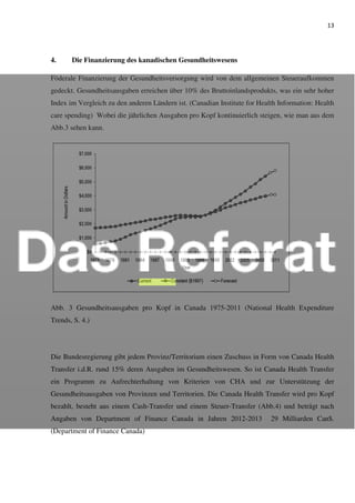 13
4. Die Finanzierung des kanadischen Gesundheitswesens
Föderale Finanzierung der Gesundheitsversorgung wird von dem allgemeinen Steueraufkommen
gedeckt. Gesundheitsausgaben erreichen über 10% des Bruttoinlandsprodukts, was ein sehr hoher
Index im Vergleich zu den anderen Ländern ist. (Canadian Institute for Health Information: Health
care spending) Wobei die jährlichen Ausgaben pro Kopf kontinuierlich steigen, wie man aus dem
Abb.3 sehen kann.
Abb. 3 Gesundheitsausgaben pro Kopf in Canada 1975-2011 (National Health Expenditure
Trends, S. 4.)
Die Bundesregierung gibt jedem Provinz/Territorium einen Zuschuss in Form von Canada Health
Transfer i.d.R. rund 15% deren Ausgaben im Gesundheitswesen. So ist Canada Health Transfer
ein Programm zu Aufrechterhaltung von Kriterien von CHA und zur Unterstützung der
Gesundheitsausgaben von Provinzen und Territorien. Die Canada Health Transfer wird pro Kopf
bezahlt, besteht aus einem Cash-Transfer und einem Steuer-Transfer (Abb.4) und beträgt nach
Angaben von Department of Finance Canada in Jahren 2012-2013 29 Milliarden Can$.
(Department of Finance Canada)
 