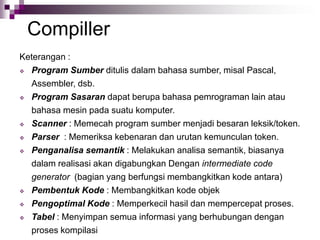 Keterangan :
 Program Sumber ditulis dalam bahasa sumber, misal Pascal,
Assembler, dsb.
 Program Sasaran dapat berupa bahasa pemrograman lain atau
bahasa mesin pada suatu komputer.
 Scanner : Memecah program sumber menjadi besaran leksik/token.
 Parser : Memeriksa kebenaran dan urutan kemunculan token.
 Penganalisa semantik : Melakukan analisa semantik, biasanya
dalam realisasi akan digabungkan Dengan intermediate code
generator (bagian yang berfungsi membangkitkan kode antara)
 Pembentuk Kode : Membangkitkan kode objek
 Pengoptimal Kode : Memperkecil hasil dan mempercepat proses.
 Tabel : Menyimpan semua informasi yang berhubungan dengan
proses kompilasi
Compiller
 
