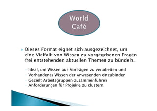 Dieses Format eignet sich ausgezeichnet, um
eine Vielfallt von Wissen zu vorgegebenen Fragen
frei entstehenden aktuellen Themen zu bündeln.
◦   Ideal, um Wissen aus Vorträgen zu verarbeiten und
◦   Vorhandenes Wissen der Anwesenden einzubinden
◦   Gezielt Arbeitsgruppen zusammenführen
◦   Anforderungen für Projekte zu clustern
 
