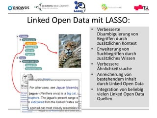 Linked Open Data mit LASSO:
                • Verbesserte
                  Disambiguierung von
                  Begriffen durch
                  zusätzlichen Kontext
                • Erweiterung von
                  Suchbegriffen durch
                  zusätzliches Wissen
                • Verbessere
                  Ähnlichkeitssuche
                • Anreicherung von
                  bestehendem Inhalt
                  durch Linked Open Data
                • Integration von beliebig
                  vielen Linked Open Data
                  Quellen
 