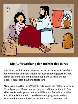 Jesus erstes Wunder in der Öffentlichkeit, er verwandelte
Wasser in Wein
Danach ging Jesus nach Kana, einer Stadt im Bezirk von Galiläa,
zu einer Hochzeitsfeier. Seine Mutter, Maria, war auch dort. Der
Gastgeber hatte aber nicht mehr genug Wein für alle. Es war
eine peinliche Situation für den Gastgeber. Und so agierte Maria
im Namen des Gastgebers. Sie erzählte Jesus von dem Problem.
Jesus verwandelte dann auf wundersame Weise für die
Hochzeitsgäste sechs große Tonkrüge voller Wasser in Wein.
 