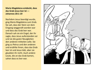 Maria Magdalena entdeckt, dass
das Grab Jesus leer ist ---
Johannes 20:1-19
Nachdem Jesus beerdigt wurde,
ging Maria Magdalena zum Grab.
Sie sah, dass der Stein vor dem
Eingang weggerollt worden war
und dass das Grab leer war.
Danach sah sie ein Engel, der ihr
sagte, dass Jesus auferstanden sei
und sie die guten Neuigkeiten
den anderen mitteilen solle. Sie
ging zu Petrus und den anderen
und erzählte ihnen, dass das Grab
leer ist und Jesus lebt, aber sie
glaubten ihr nicht. Auch andere
Leute, die an das Grab kamen,
sahen dass es leer war.
 