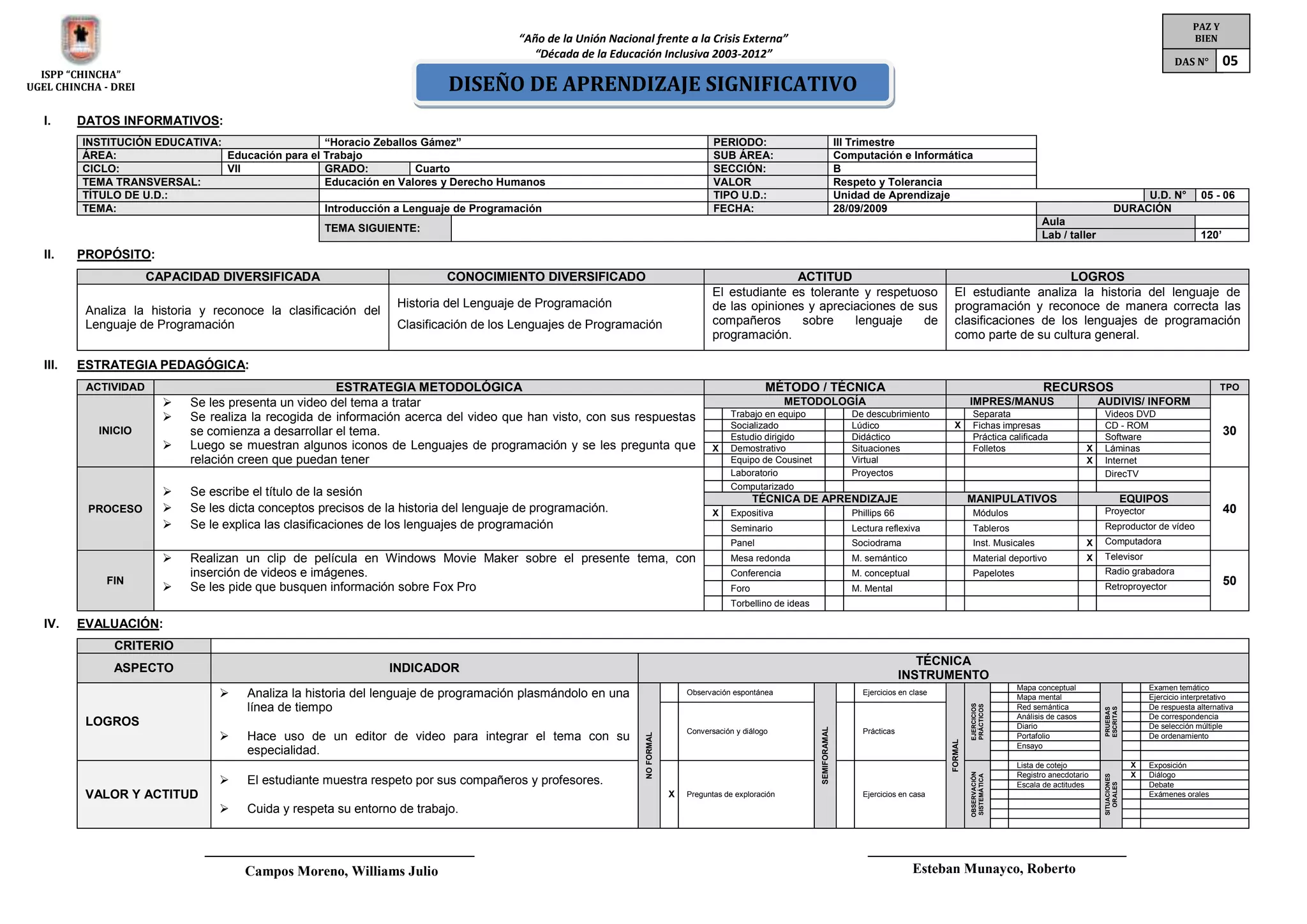 PAZ Y
                                                                                        “Año de la Unión Nacional frente a la Crisis Externa”                                                                                                                                             BIEN
                                                                                          “Década de la Educación Inclusiva 2003-2012”
                                                                                                                                                                                                                                                                                     DAS N°        05
  ISPP “CHINCHA”
UGEL CHINCHA - DREI                                                        DISEÑO DE APRENDIZAJE SIGNIFICATIVO
   I.     DATOS INFORMATIVOS:
          INSTITUCIÓN EDUCATIVA:                   “Horacio Zeballos Gámez”                                                             PERIODO:                                III Trimestre
          ÁREA:                  Educación para el Trabajo                                                                              SUB ÁREA:                               Computación e Informática
          CICLO:                 VII               GRADO:           Cuarto                                                              SECCIÓN:                                B
          TEMA TRANSVERSAL:                        Educación en Valores y Derecho Humanos                                               VALOR                                   Respeto y Tolerancia
          TÍTULO DE U.D.:                                                                                                               TIPO U.D.:                              Unidad de Aprendizaje                                                                 U.D. N°               05 - 06
          TEMA:                                    Introducción a Lenguaje de Programación                                              FECHA:                                  28/09/2009                                                                       DURACIÓN
                                                                                                                                                                                                                                         Aula
                                                     TEMA SIGUIENTE:
                                                                                                                                                                                                                                         Lab / taller                                       120’
   II.    PROPÓSITO:
                       CAPACIDAD DIVERSIFICADA                             CONOCIMIENTO DIVERSIFICADO                                                 ACTITUD                                                                    LOGROS
                                                                                                                                       El estudiante es tolerante y respetuoso                              El estudiante analiza la historia del lenguaje de
                                                                  Historia del Lenguaje de Programación                                de las opiniones y apreciaciones de sus                              programación y reconoce de manera correcta las
           Analiza la historia y reconoce la clasificación del
           Lenguaje de Programación                               Clasificación de los Lenguajes de Programación                       compañeros      sobre    lenguaje    de                              clasificaciones de los lenguajes de programación
                                                                                                                                       programación.                                                        como parte de su cultura general.

   III.   ESTRATEGIA PEDAGÓGICA:
           ACTIVIDAD                                   ESTRATEGIA METODOLÓGICA                                                                        MÉTODO / TÉCNICA                                                                   RECURSOS                                                 TPO
                            Se les presenta un video del tema a tratar                                                                                     METODOLOGÍA                                             IMPRES/MANUS                          AUDIVIS/ INFORM
                            Se realiza la recogida de información acerca del video que han visto, con sus respuestas                       Trabajo en equipo                      De descubrimiento                 Separata                              Videos DVD
                                                                                                                                            Socializado                            Lúdico                   X        Fichas impresas                       CD - ROM
             INICIO          se comienza a desarrollar el tema.                                                                             Estudio dirigido                       Didáctico                         Práctica calificada                   Software
                                                                                                                                                                                                                                                                                                   30
                            Luego se muestran algunos iconos de Lenguajes de programación y se les pregunta que                       X    Demostrativo                           Situaciones                       Folletos                         X    Láminas
                             relación creen que puedan tener                                                                                Equipo de Cousinet                     Virtual                                                            X    Internet
                                                                                                                                            Laboratorio                            Proyectos                                                               DirecTV
                                                                                                                                            Computarizado
                            Se escribe el título de la sesión
                                                                                                                                                   TÉCNICA DE APRENDIZAJE                                           MANIPULATIVOS                                        EQUIPOS
           PROCESO          Se les dicta conceptos precisos de la historia del lenguaje de programación.                              X    Expositiva                             Phillips 66                       Módulos                               Proyector                               40
                            Se le explica las clasificaciones de los lenguajes de programación                                             Seminario                              Lectura reflexiva                 Tableros                              Reproductor de vídeo
                                                                                                                                            Panel                                  Sociodrama                        Inst. Musicales                  X    Computadora
                            Realizan un clip de película en Windows Movie Maker sobre el presente tema, con                                Mesa redonda                           M. semántico                      Material deportivo               X    Televisor
                             inserción de videos e imágenes.                                                                                Conferencia                            M. conceptual                     Papelotes                             Radio grabadora
              FIN
                            Se les pide que busquen información sobre Fox Pro                                                                                                                                                                             Retroproyector
                                                                                                                                                                                                                                                                                                   50
                                                                                                                                            Foro                                   M. Mental
                                                                                                                                            Torbellino de ideas

   IV.    EVALUACIÓN:
               CRITERIO
                                                                                                                                                                                                    TÉCNICA
               ASPECTO                                           INDICADOR
                                                                                                                                                                                                 INSTRUMENTO
                                                                                                                                                                                                                                  Mapa conceptual                             Examen temático
                                      Analiza la historia del lenguaje de programación plasmándolo en una                       Observación espontánea                              Ejercicios en clase
                                                                                                                                                                                                                                  Mapa mental                                 Ejercicio interpretativo
                                       línea de tiempo




                                                                                                                                                                                                                    EJERCICIOS
                                                                                                                                                                                                                    PRÁCTICOS
                                                                                                                                                                                                                                  Red semántica                               De respuesta alternativa




                                                                                                                                                                                                                                                           ESCRITAS
                                                                                                                                                                                                                                                           PRUEBAS
                                                                                                                                                                                                                                  Análisis de casos                           De correspondencia
           LOGROS                                                                                                                                                                                                                 Diario                                      De selección múltiple




                                                                                                                                                                  SEMIFORAMAL
                                                                                                                                 Conversación y diálogo                              Prácticas
                                      Hace uso de un editor de video para integrar el tema con su
                                                                                                                 NO FORMAL




                                                                                                                                                                                                                                  Portafolio                                  De ordenamiento




                                                                                                                                                                                                           FORMAL
                                                                                                                                                                                                                                  Ensayo
                                       especialidad.
                                                                                                                                                                                                                                  Lista de cotejo                         X   Exposición




                                                                                                                                                                                                                    OBSERVACIÓN
                                                                                                                                                                                                                                  Registro anecdotario                    X   Diálogo
                                  




                                                                                                                                                                                                                                                           SITUACIONES
                                                                                                                                                                                                                    SISTEMÁTICA
                                       El estudiante muestra respeto por sus compañeros y profesores.                                                                                                                             Escala de actitudes                         Debate




                                                                                                                                                                                                                                                              ORALES
           VALOR Y ACTITUD                                                                                                   X   Preguntas de exploración                            Ejercicios en casa                                                                       Exámenes orales

                                      Cuida y respeta su entorno de trabajo.




                                      Campos Moreno, Williams Julio                                                                                                                                Esteban Munayco, Roberto
 