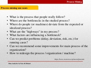 Data Analytics by Vala Ali RohaniData Analytics by Vala Ali Rohani
Process Mining
https://www.coursera.org/course/procmin
• What is the process that people really follow?
• Where are the bottlenecks in the studied process?
• Where do people (or machines) deviate from the expected or
idealized process?
• What are the "highways" in my process?
• What factors are influencing a bottleneck?
• Can we predict problems (delay, deviation, risk, etc.) for
running cases?
• Can we recommend some improvements for main process of the
organization?
• How to redesign the process / organization / machine?
Process mining use cases
 