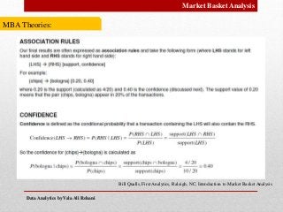 Data Analytics by Vala Ali RohaniData Analytics by Vala Ali Rohani
Market Basket Analysis
MBA Theories:
Bill Qualls, First Analytics, Raleigh, NC, Introduction to Market Basket Analysis
 
