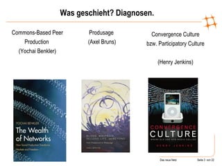 Was geschieht? Diagnosen. Commons-Based Peer Production  (Yochai Benkler) Produsage  (Axel Bruns) Convergence Culture bzw. Participatory Culture  (Henry Jenkins) 