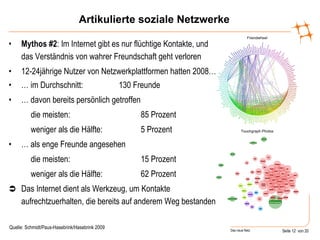 Artikulierte soziale Netzwerke Mythos #2 : Im Internet gibt es nur flüchtige Kontakte, und das Verständnis von wahrer Freundschaft geht verloren 12-24jährige Nutzer von Netzwerkplattformen hatten 2008… …  im Durchschnitt:  130 Freunde …  davon bereits persönlich getroffen die meisten: 85 Prozent weniger als die Hälfte: 5 Prozent …  als enge Freunde angesehen  die meisten:  15 Prozent weniger als die Hälfte: 62 Prozent    Das Internet dient als Werkzeug, um Kontakte aufrechtzuerhalten, die bereits auf anderem Weg bestanden Quelle: Schmidt/Paus-Hasebrink/Hasebrink 2009 