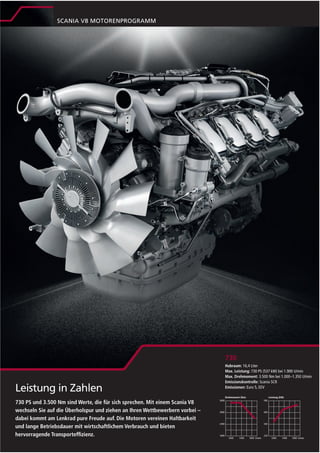 SCANIA V8 MOTORENPROGRAMM




                                                                              730
                                                                              Hubraum: 16,4 Liter
                                                                              Max. Leistung: 730 PS (537 kW) bei 1.900 U/min
                                                                              Max. Drehmoment: 3.500 Nm bei 1.000–1.350 U/min
                                                                              Emissionskontrolle: Scania SCR
Leistung in Zahlen                                                            Emissionen: Euro 5, EEV

                                                                              Drehmoment (Nm)           Leistung (kW)

730 PS und 3.500 Nm sind Werte, die für sich sprechen. Mit einem Scania V8
wechseln Sie auf die Überholspur und ziehen an Ihren Wettbewerbern vorbei –
dabei kommt am Lenkrad pure Freude auf. Die Motoren vereinen Haltbarkeit
und lange Betriebsdauer mit wirtschaftlichem Verbrauch und bieten
hervorragende Transportefﬁzienz.                                                                U/min                   U/min
 