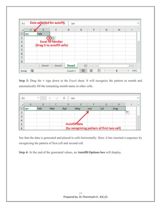 23
Prepared by Dr.Thenmozhi K , KJC,CS
Step 3: Drag the + sign down in the Excel sheet. It will recognize the pattern as month and
automatically fill the remaining month name in other cells.
See that the data is generated and placed in cells horizontally. Here, it has inserted a sequence by
recognizing the pattern of first cell and second cell.
Step 4: At the end of the generated values, an Autofill Options box will display.
 