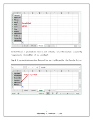 26
Prepared by Dr.Thenmozhi K , KJC,CS
See that the data is generated and placed in cells vertically. Here, it has inserted a sequence by
recognizing the pattern of first cell and second cell.
Step 4: If you drag this to more than the month in a year, it will repeat the value from the first one.
 