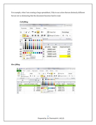 43
Prepared by Dr.Thenmozhi K , KJC,CS
For example, when I am creating a large spreadsheet, I like to use colors that are distinctly different
but are not so distracting that the document becomes hard to read.
Cell filling
Row filling
 
