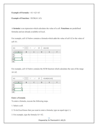 54
Prepared by Dr.Thenmozhi K , KJC,CS
Example of Formula: =A1+A2+A3
Example of Function: =SUM(A1:A3)
A formula is an expr...