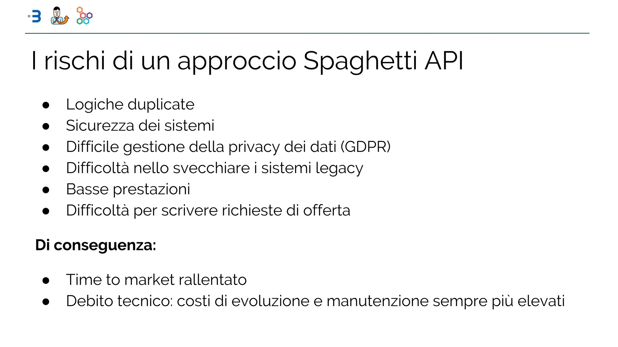 I rischi di un approccio Spaghetti API
● Logiche duplicate
● Sicurezza dei sistemi
● Difficile gestione della privacy dei dati (GDPR)
● Difficoltà nello svecchiare i sistemi legacy
● Basse prestazioni
● Difficoltà per scrivere richieste di offerta
Di conseguenza:
● Time to market rallentato
● Debito tecnico: costi di evoluzione e manutenzione sempre più elevati
 
