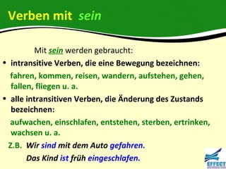 Verben mit sein

          Mit sein werden gebraucht:
• intransitive Verben, die eine Bewegung bezeichnen:
  fahren, kommen, reisen, wandern, aufstehen, gehen,
  fallen, fliegen u. a.
• alle intransitiven Verben, die Änderung des Zustands
  bezeichnen:
  aufwachen, einschlafen, entstehen, sterben, ertrinken,
  wachsen u. a.
 Z.B. Wir sind mit dem Auto gefahren.
       Das Kind ist früh eingeschlafen.
 