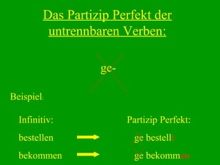 Das Partizip Perfekt der
untrennbaren Verben:
ge-
Beispiel:
Infinitiv:
bestellen
bekommen
Partizip Perfekt:
ge bestellt
ge bekommen
 