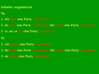 Infinitiv: organisieren
Sg.
1. ich habe eine Party organisiert
2. du hast eine Party organisiert /Sie haben eine Party organisiert
3. er, sie, es hat eine Party organisiert
Pl.
1. wir haben eine Party organisiert
2. ihr habt eine Party organisiert/ Sie haben eine Party organisiert
3. sie haben eine Party organisiert
 