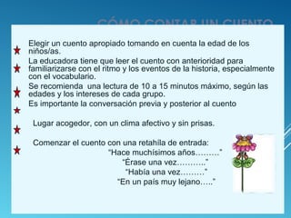 







CÓMO CONTAR UN CUENTO
Elegir un cuento apropiado tomando en cuenta la edad de los
niños/as.
La educadora tiene que leer el cuento con anterioridad para
familiarizarse con el ritmo y los eventos de la historia, especialmente
con el vocabulario.
Se recomienda una lectura de 10 a 15 minutos máximo, según las
edades y los intereses de cada grupo.
Es importante la conversación previa y posterior al cuento



Lugar acogedor, con un clima afectivo y sin prisas.



Comenzar el cuento con una retahíla de entrada:
 “Hace muchísimos años………”
 “Érase una vez………..”
 “Había una vez………”
 “En un país muy lejano…..”

 