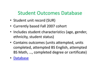 Student Outcomes Database
    Student Outcomes Database
• Student unit record (SUR)
• Currently based Fall 2007 cohort
• Includes student characteristics (age, gender, 
                                   ( g ,g      ,
  ethnicity, student status) 
• Contains outcomes (units attempted units
  Contains outcomes (units attempted, units 
  completed, attempted BS English, attempted 
  BS Math, …, completed degree or certificate)
  BS Math, , completed degree or certificate)
• Database
 