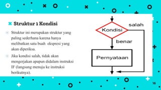 Struktur 1 Kondisi
⦿ Struktur ini merupakan struktur yang
paling sederhana karena hanya
melibatkan satu buah ekspresi yang
akan diperiksa.
⦿ Jika kondisi salah, tidak akan
mengerjakan apapun didalam instruksi
IF (langsung menuju ke instruksi
berikutnya).
16
 