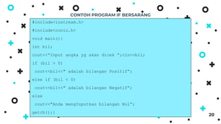 CONTOH PROGRAM IF BERSARANG
20
#include<iostream.h>
#include<conio.h>
void main(){
int bil;
cout<<“Input angka yg akan dicek “;cin>>bil;
if (bil > 0)
cout<<bil<<" adalah bilangan Positif“;
else if (bil < 0)
cout<<bil<<" adalah bilangan Negatif“;
else
cout<<"Anda mengInputkan bilangan Nol“;
getch();}
 