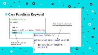 Cara Penulisan Keyword
6
Pada Dev-C keyword
dicetak BOLD
Pada Visual C++ keyword
dicetak dengan warna biru
 