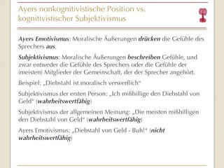 Ayers nonkognitivistische  Position vs.  kognitivistischer Subjektivismus Ayers Emotivismus : Moralische Äußerungen  drücken  die Gefühle des Sprechers  aus .  Subjektivismus : Moralische Äußerungen  beschreiben  Gefühle, und zwar entweder die Gefühle des Sprechers oder die Gefühle der (meisten) Mitglieder der Gemeinschaft, der der Sprecher angehört. Beispiel: „Diebstahl ist moralisch verwerflich “ Subjektivismus der ersten Person: „Ich mißbillige den Diebstahl von Geld “  ( wahrheitswertfähig ) Subjektivismus der allgemeinen Meinung: „Die meisten mißbilligen den Diebstahl von Geld “  ( wahrheitswertfähig ) Ayers Emotivismus: „Diebstahl von Geld - Buh! “  ( nicht wahrheitswertfähig ) 