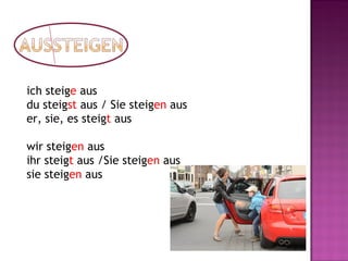 ich steige aus
du steigst aus / Sie steigen aus
er, sie, es steigt aus
wir steigen aus
ihr steigt aus /Sie steigen aus
sie steigen aus
 