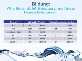 Bildung:
Wir entfernen die Infinitivendung en und hängen
            folgende Endungen an:

    Person         schwache Verben       starke/ gemischte Verben
      ich           -te       lernte          -           sah
      du           -test      lerntest       st          sahst
er, sie, es, man    -te       lernte         -            sah
      wir          -ten       lernten        en          sahen
      ihr          -tet       lerntet         t           saht
   Sie (sie)       -ten       lernten        en          sahen
 