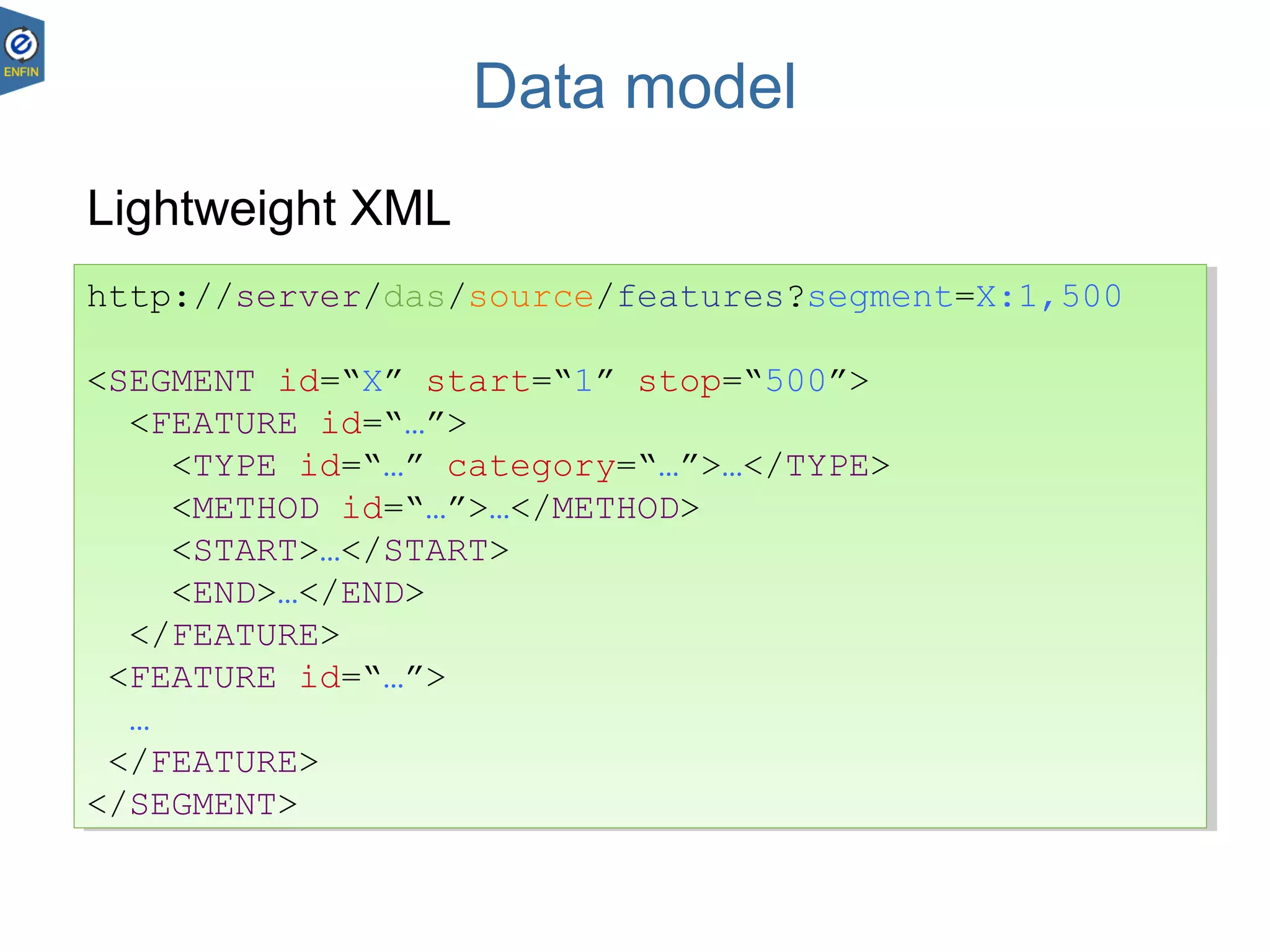 DAS – Andy Jenkinson
23.08.1813
Data model
Lightweight XML
http://server/das/source/features?segment=X:1,500
<SEGMENT id=“X” start=“1” stop=“500”>
<FEATURE id=“…”>
<TYPE id=“…” category=“…”>…</TYPE>
<METHOD id=“…”>…</METHOD>
<START>…</START>
<END>…</END>
</FEATURE>
<FEATURE id=“…”>
…
</FEATURE>
</SEGMENT>
http://server/das/source/features?segment=X:1,500
<SEGMENT id=“X” start=“1” stop=“500”>
<FEATURE id=“…”>
<TYPE id=“…” category=“…”>…</TYPE>
<METHOD id=“…”>…</METHOD>
<START>…</START>
<END>…</END>
</FEATURE>
<FEATURE id=“…”>
…
</FEATURE>
</SEGMENT>
 