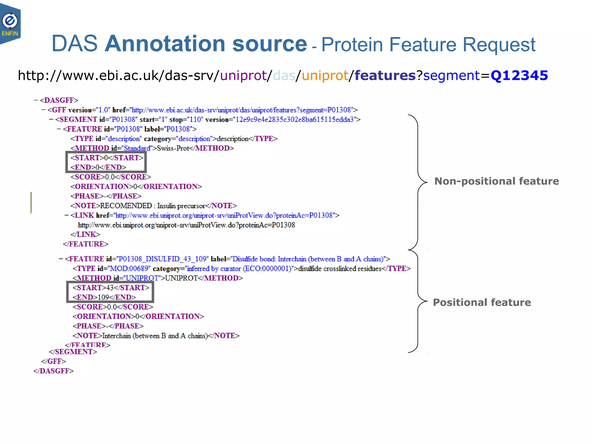 DAS Annotation source - Protein Feature Request
Non-positional feature
Positional feature
http://www.ebi.ac.uk/das-srv/uniprot/das/uniprot/features?segment=Q12345
 