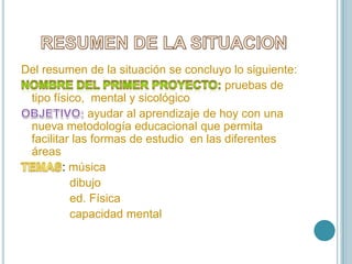  RESUMEN DE LA SITUACIONDel resumen de la situación se concluyo lo siguiente:NOMBRE DEL PRIMER PROYECTO: pruebas de tipo físico,  mental y sicológicoOBJETIVO:ayudar al aprendizaje de hoy con una nueva metodología educacional que permita facilitar las formas de estudio  en las diferentes áreas TEMAS: música                dibujo               ed. Física               capacidad mental 
