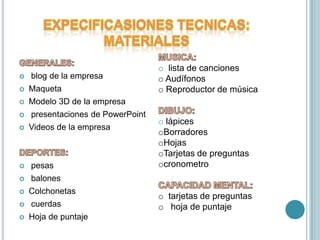 EXPECIFICASIONES TECNICAS:MATERIALES MUSICA:lista de canciones 