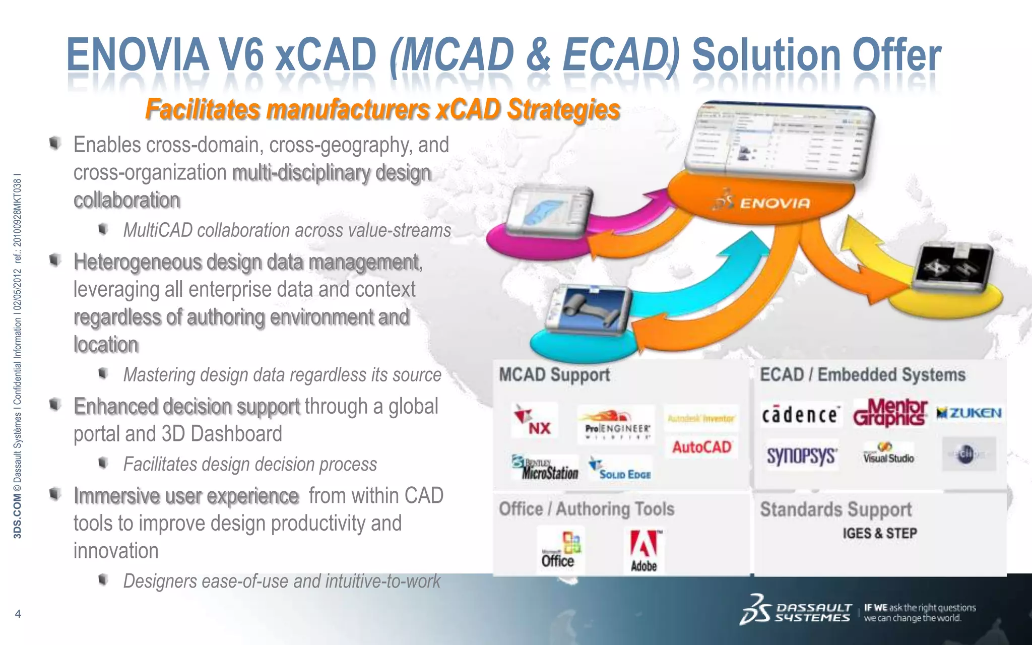 ENOVIA V6 xCAD (MCAD & ECAD) Solution Offer
                                                                                                     Facilitates manufacturers xCAD Strategies
                                                                                             Enables cross-domain, cross-geography, and
                                                                                             cross-organization multi-disciplinary design
3DS.COM © Dassault Systèmes Ι Confidential Information Ι 02/05/2012 ref.: 20100928MKT038 Ι




                                                                                             collaboration
                                                                                                  MultiCAD collaboration across value-streams
                                                                                             Heterogeneous design data management,
                                                                                             leveraging all enterprise data and context
                                                                                             regardless of authoring environment and
                                                                                             location
                                                                                                  Mastering design data regardless its source
                                                                                             Enhanced decision support through a global
                                                                                             portal and 3D Dashboard
                                                                                                  Facilitates design decision process
                                                                                             Immersive user experience from within CAD
                                                                                             tools to improve design productivity and
                                                                                             innovation
                                                                                                  Designers ease-of-use and intuitive-to-work
                            4
 
