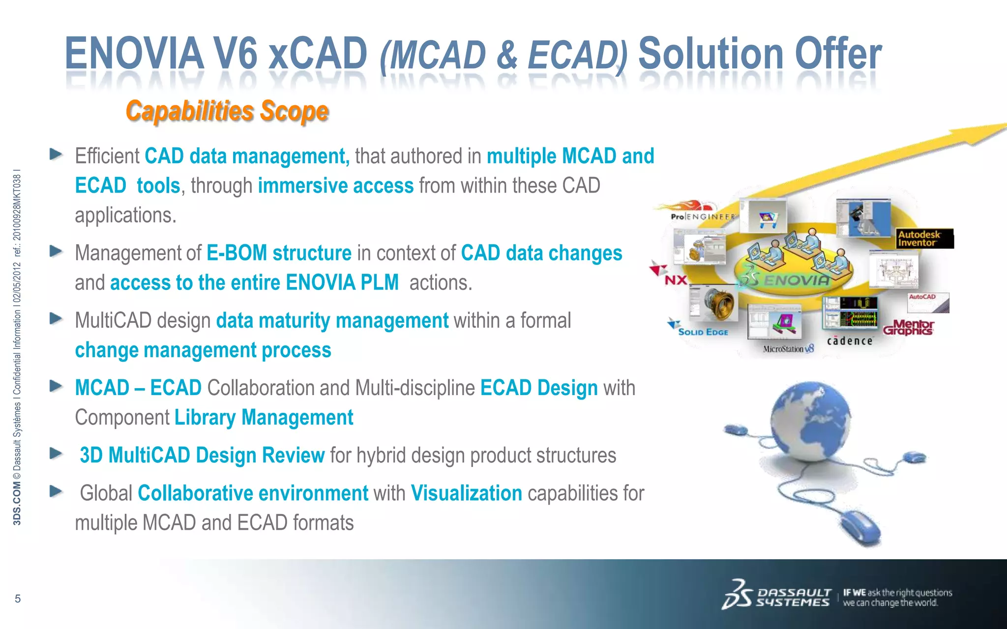 ENOVIA V6 xCAD (MCAD & ECAD) Solution Offer
                                                                                                  Capabilities Scope
                                                                                             Efficient CAD data management, that authored in multiple MCAD and
3DS.COM © Dassault Systèmes Ι Confidential Information Ι 02/05/2012 ref.: 20100928MKT038 Ι




                                                                                             ECAD tools, through immersive access from within these CAD
                                                                                             applications.
                                                                                             Management of E-BOM structure in context of CAD data changes
                                                                                             and access to the entire ENOVIA PLM actions.
                                                                                             MultiCAD design data maturity management within a formal
                                                                                             change management process
                                                                                             MCAD – ECAD Collaboration and Multi-discipline ECAD Design with
                                                                                             Component Library Management
                                                                                             3D MultiCAD Design Review for hybrid design product structures
                                                                                             Global Collaborative environment with Visualization capabilities for
                                                                                             multiple MCAD and ECAD formats


                            5
 