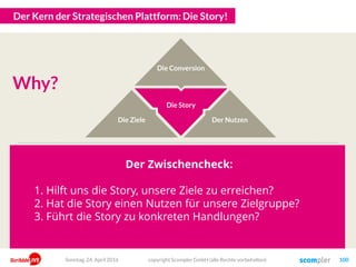 Der Kern der Strategischen Plattform: Die Story!
copyright Scompler GmbH (alle Rechte vorbehalten) 100
Die Story
Der Zwischencheck:
1. Hilft uns die Story, unsere Ziele zu erreichen?
2. Hat die Story einen Nutzen für unsere Zielgruppe?
3. Führt die Story zu konkreten Handlungen?
Why?
Der Nutzen
Die Conversion
Die Ziele
Sonntag, 24. April 2016
 