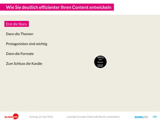 Wie Sie deutlich effizienter Ihren Content entwickeln
copyright Scompler GmbH (alle Rechte vorbehalten) 130
Erst die Story
Dann die Themen
Protagonisten sind wichtig
Dann die Formate
Zum Schluss die Kanäle
Sonntag, 24. April 2016
 