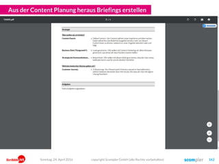 Aus der Content Planung heraus Briefings erstellen
copyright Scompler GmbH (alle Rechte vorbehalten) 162Sonntag, 24. April 2016
 